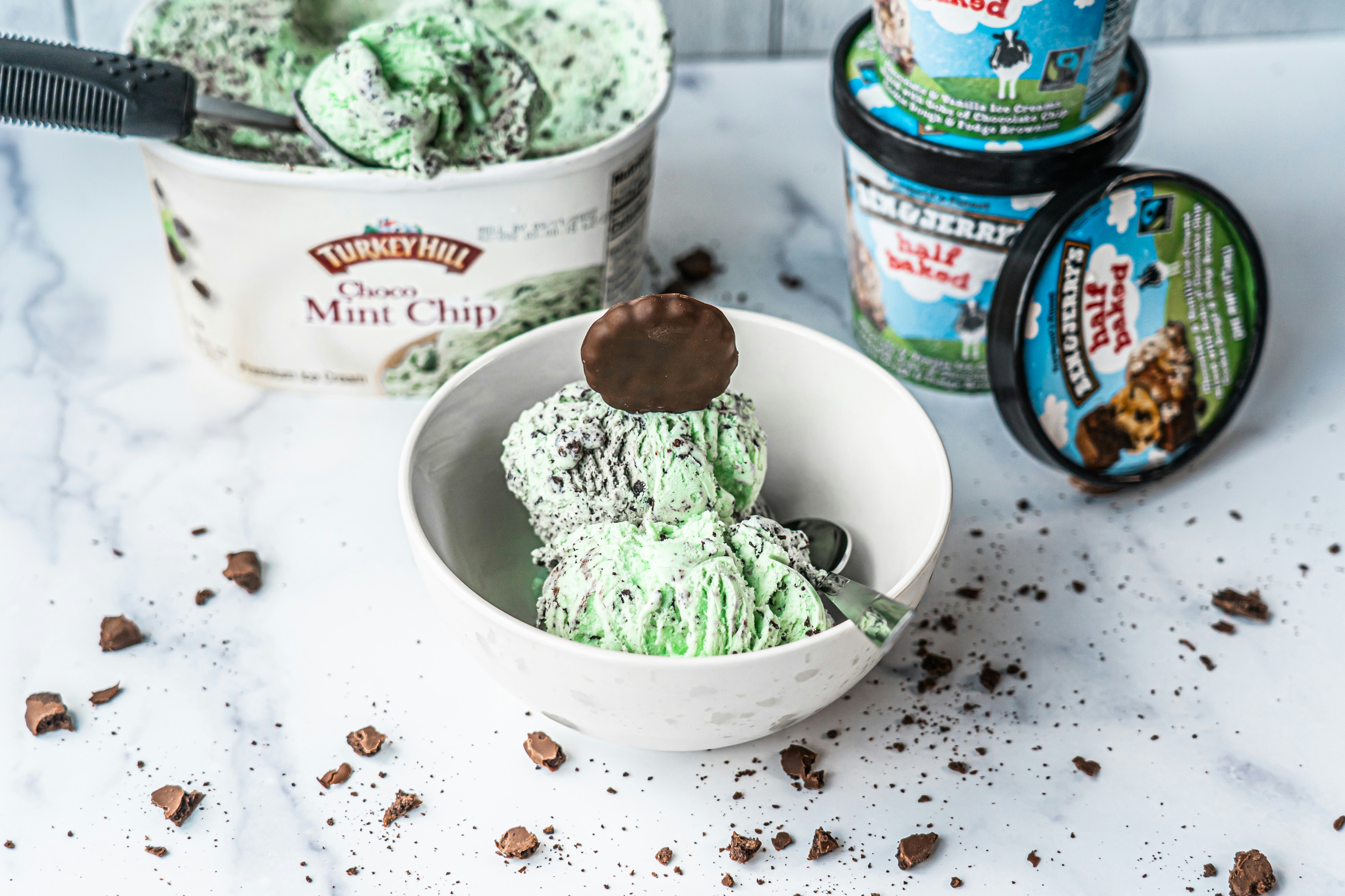 green and white ice cream on white ceramic bowl